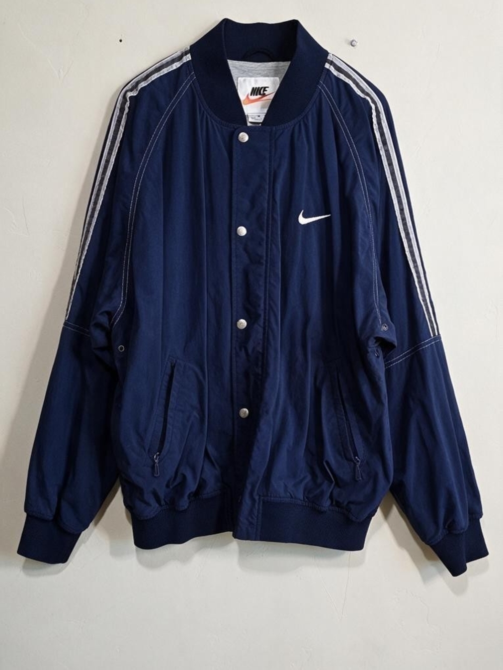 Vintage 90s Nike Snap Zip Lined Windbreaker Bomber Jacket Blue White Large Sport